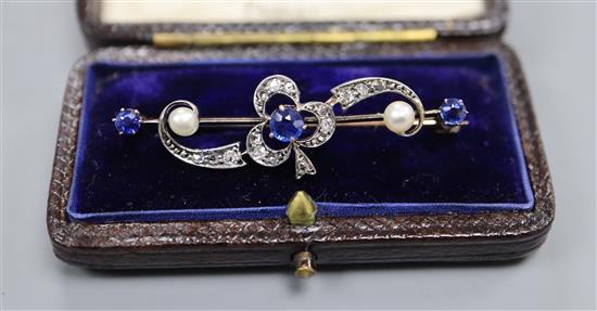 A Victorian, yellow metal, sapphire and diamond set clover bar brooch, 41mm.